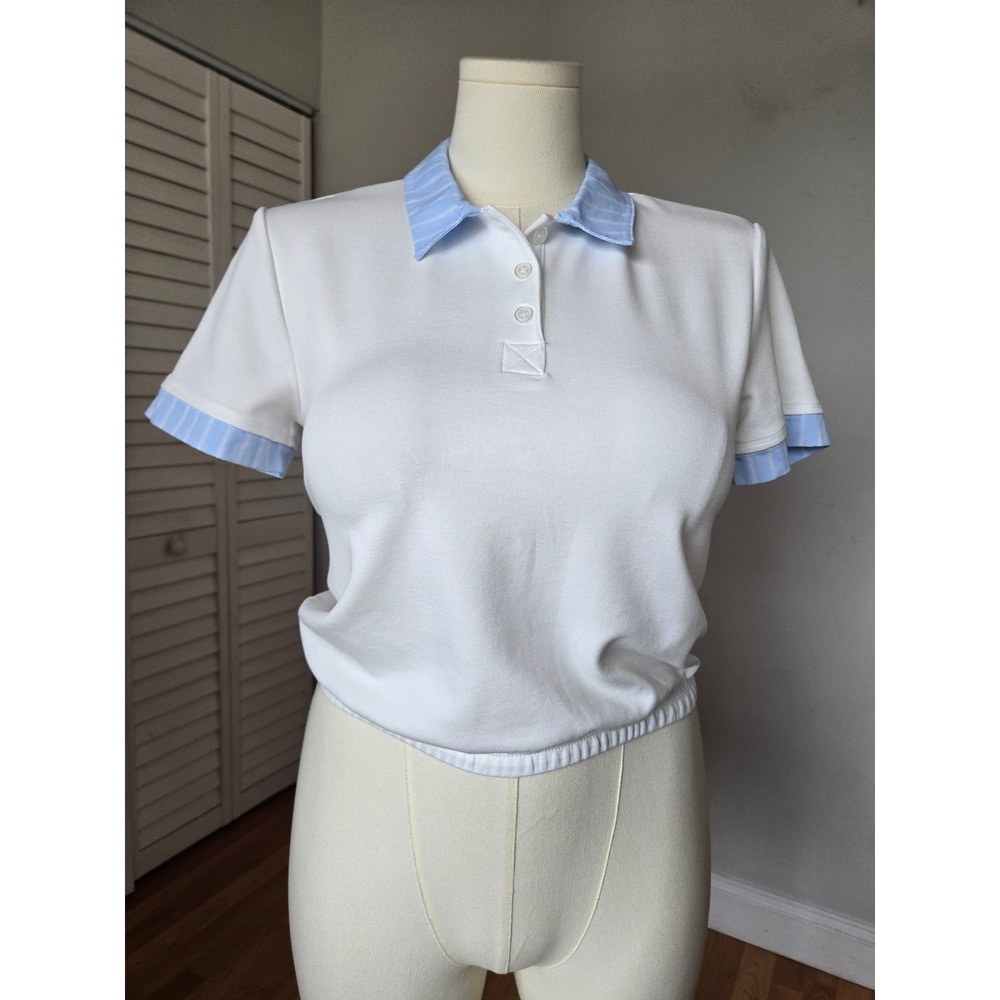 Kenneth Cole White Polo Shirt Blue Pinstripe Trim M Tennis Preppy Golf Old Money